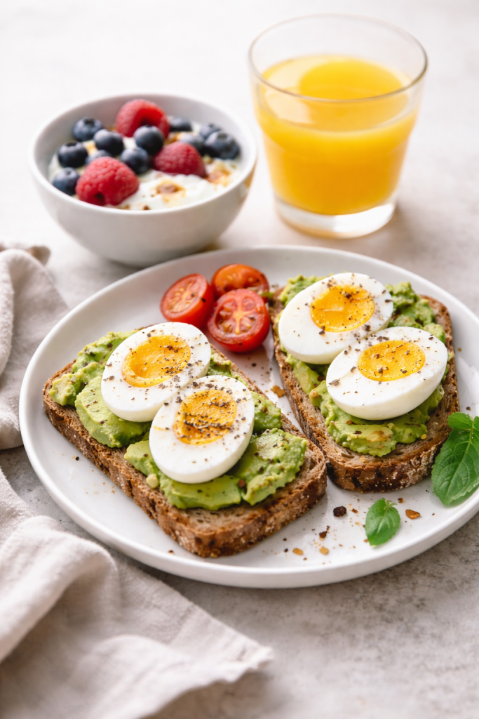 healthy high protein breakfast with eggs and fruit